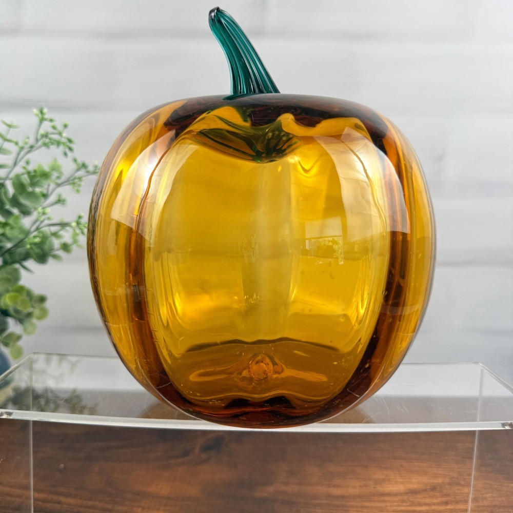 Blenko 9355L Hand Blown Topaz Glass Pumpkin Emerald Stem 7"